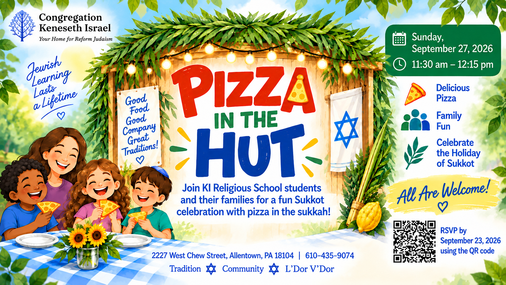 Pizza in the Hut Sukkot celebration flyer for Congregation Keneseth Israel